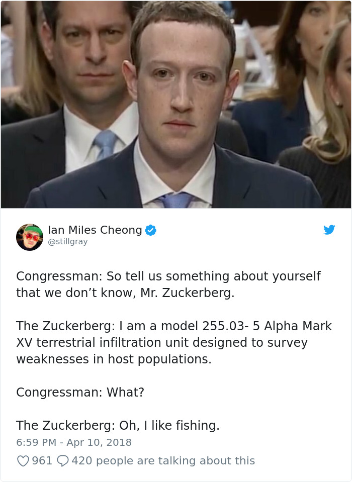 Memes of Mark Zuckerberg testifying before congress